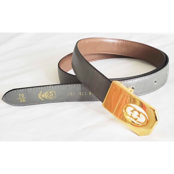 Gucci Vintage  SKINNY 2-Tone Brown Gray Leather Belt Gold GG Buckle REVERSABLE